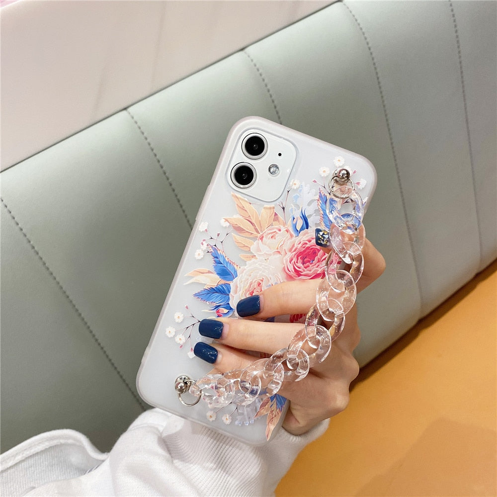 Anymob iPhone Case Transparent Blue Flower Wrist Chain Bracelet Silicone Flower Phone Cover-Mobile Phone Cases-PEROZ Accessories
