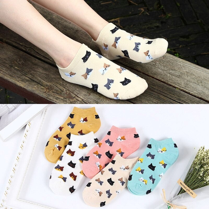 Anysox 5 Pairs One Size 5-9 Candy Color Kitten Summer Invisible Female Fashion Casual Cute Cartoon Short Cotton Ladies Dropship-Socks-PEROZ Accessories
