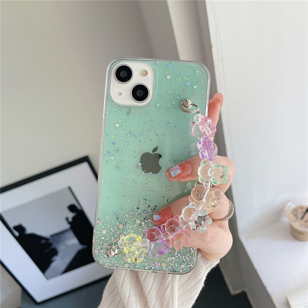 Anymob iPhone Case Mint Green 3D Cartoon Bear Wrist Bracelet Soft Chain Clear Glitter Cover-Mobile Phone Cases-PEROZ Accessories
