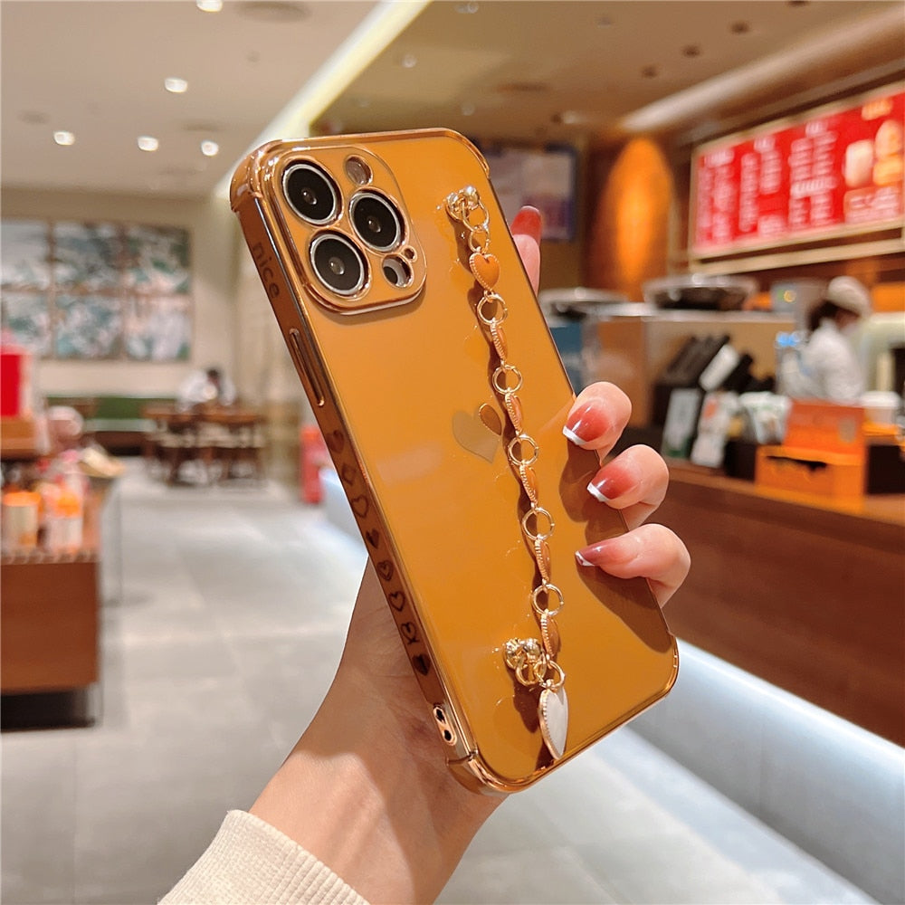 Anymob iPhone Case Mustard Love Heart Plating Bracelet Soft Silicon Protection Wrist Chain Phone Cover-Mobile Phone Cases-PEROZ Accessories