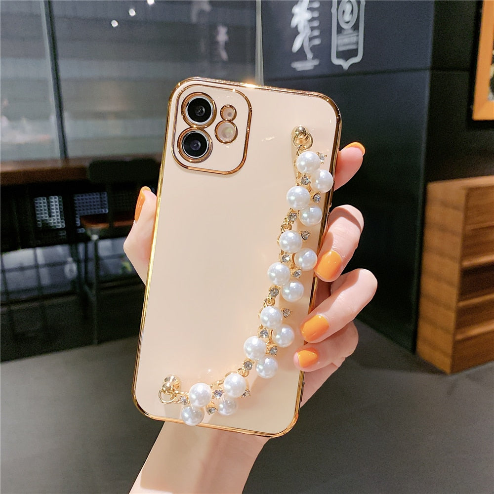 Anymob iPhone Case Beige Pearl Bracelet Electroplating Silicone Cover With Wristband-Mobile Phone Cases-PEROZ Accessories