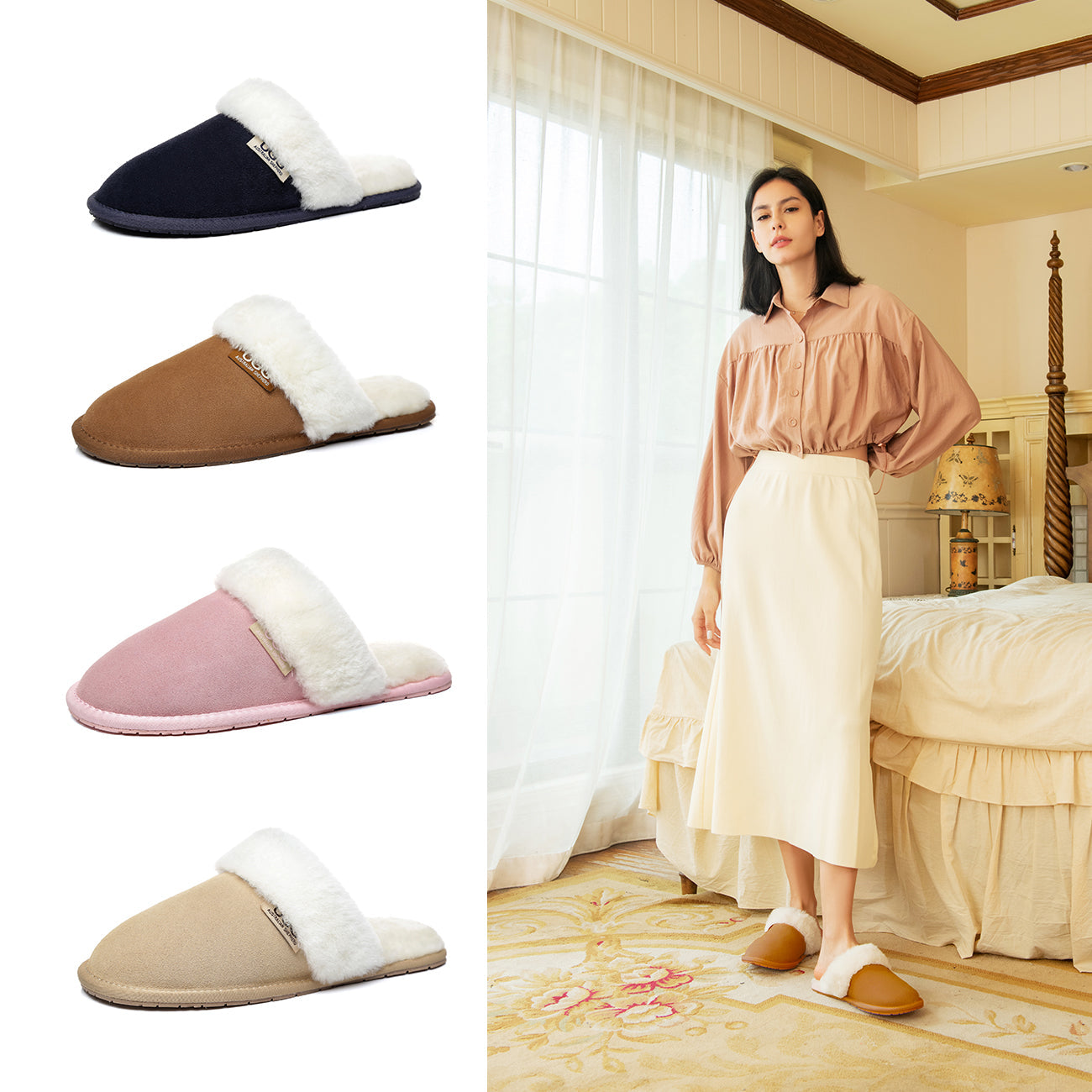 Australian Shepherd Cow Suede Upper Wool Lining UGG Slipper Lassie Water Resistant-Slippers-PEROZ Accessories