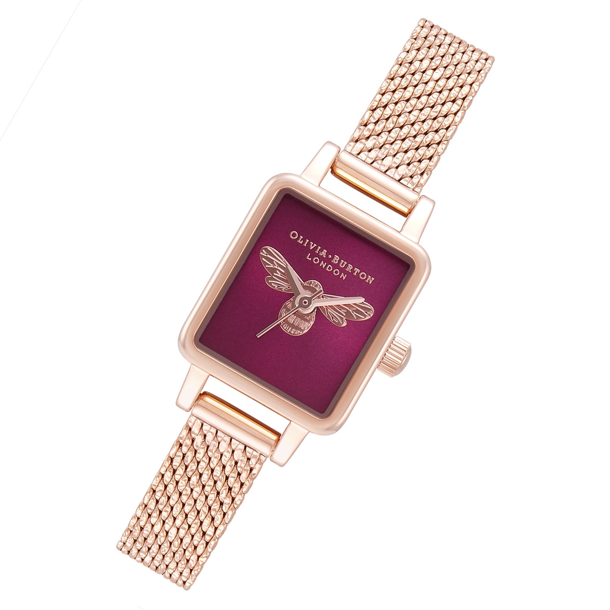 Olivia Burton Ionic Rose Gold Plated Steel Burgundy Sunray & Bee Dial Ladies Watch - OB16FB28-Quartz Watches-PEROZ Accessories