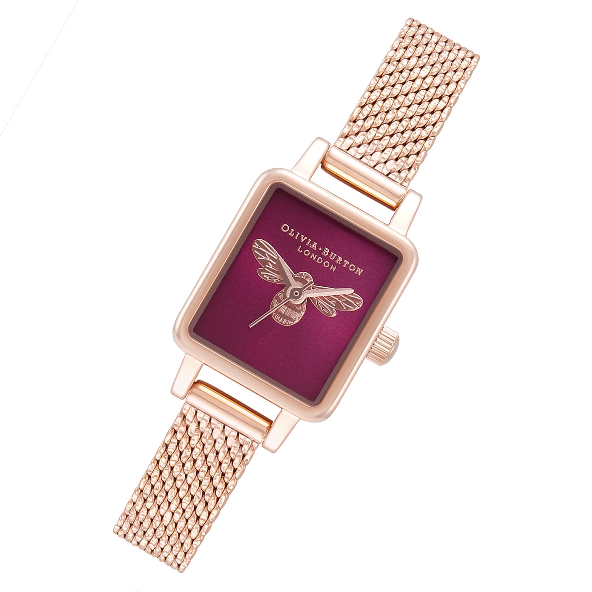 Olivia Burton Ionic Rose Gold Plated Steel Burgundy Sunray &amp; Bee Dial Ladies Watch - OB16FB28-Quartz Watches-PEROZ Accessories