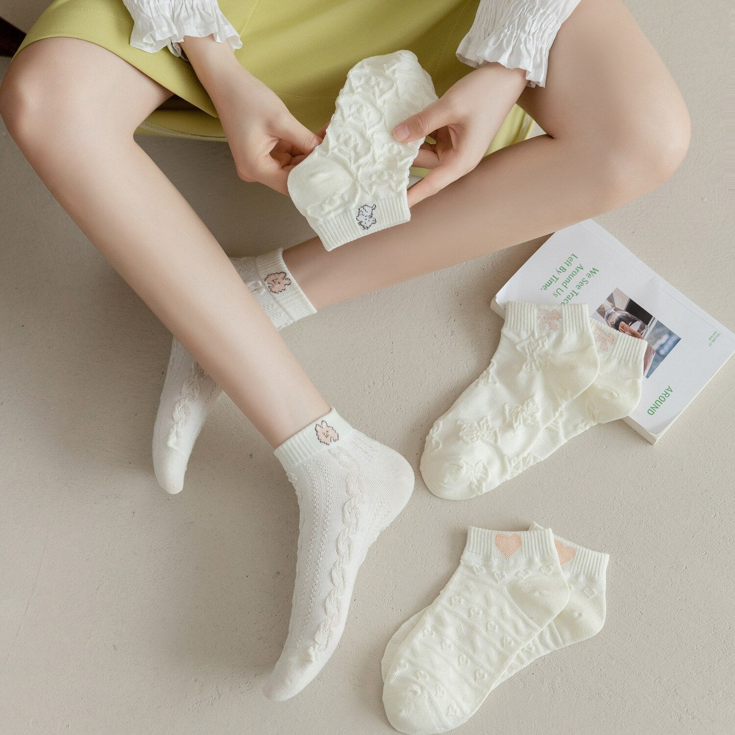 Anysox 5 Pairs One Size 35-40 Women Socks Summer Cute Cartoon Animal Bear Print White Female Casual Socks-Socks-PEROZ Accessories
