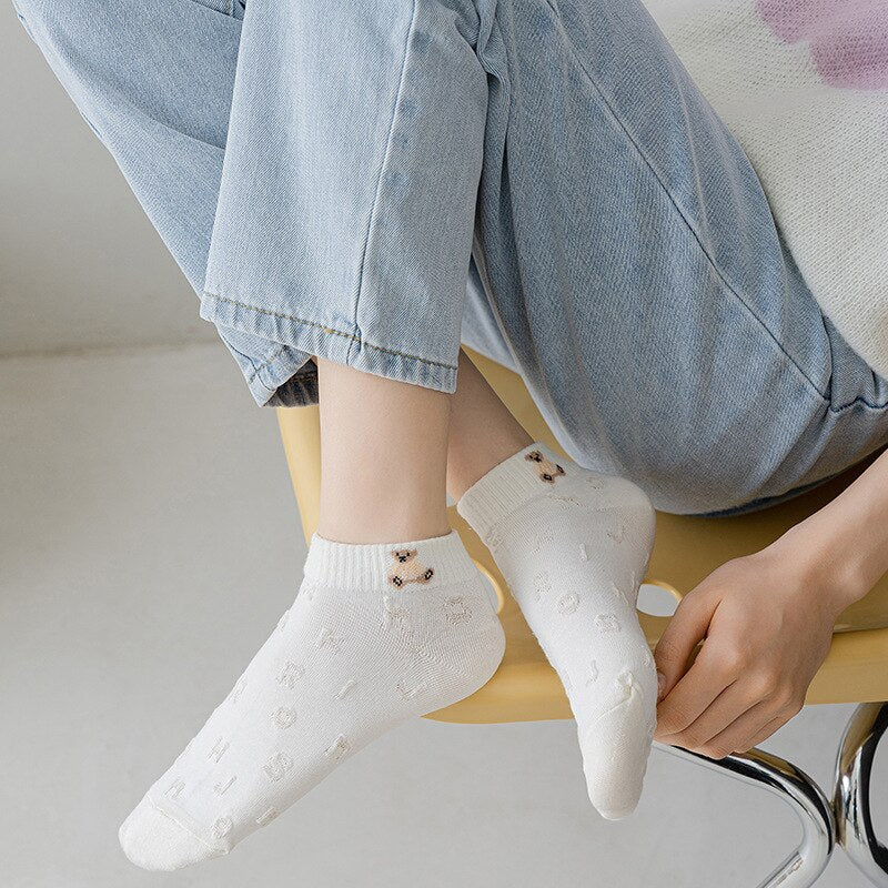 Anysox 5 Pairs One Size 35-40 Women Socks Summer Cute Cartoon Animal Bear Print White Female Casual Socks-Socks-PEROZ Accessories