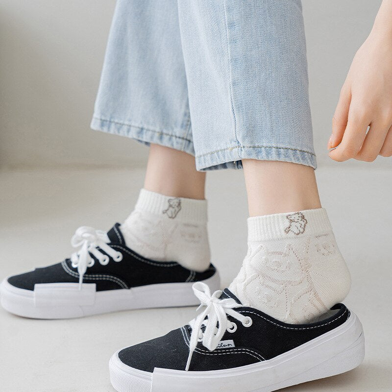 Anysox 5 Pairs One Size 35-40 Women Socks Summer Cute Cartoon Animal Bear Print White Female Casual Socks-Socks-PEROZ Accessories
