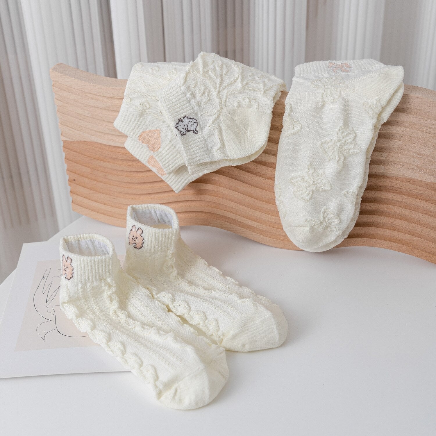 Anysox 5 Pairs One Size 35-40 Women Socks Summer Cute Cartoon Animal Rabbit Bear Cat Ribbon Heart Print White Female Casual Random Socks-Socks-PEROZ Accessories