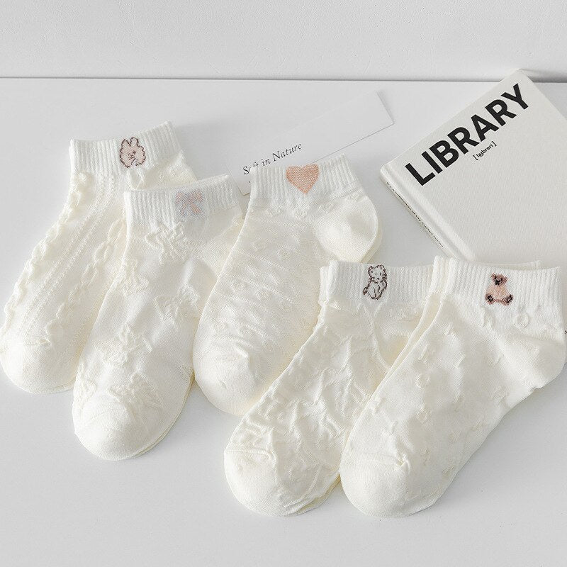 Anysox 5 Pairs One Size 35-40 Women Socks Summer Cute Cartoon Animal Bear Print White Female Casual Socks-Socks-PEROZ Accessories