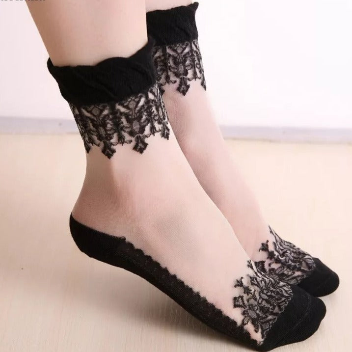 Anysox 5 Pairs Size 5-9 Fashion Socks Summer Lace Embroidery Breathable Silk Transparent Glass Crystal Stretch for Women Black-Socks-PEROZ Accessories