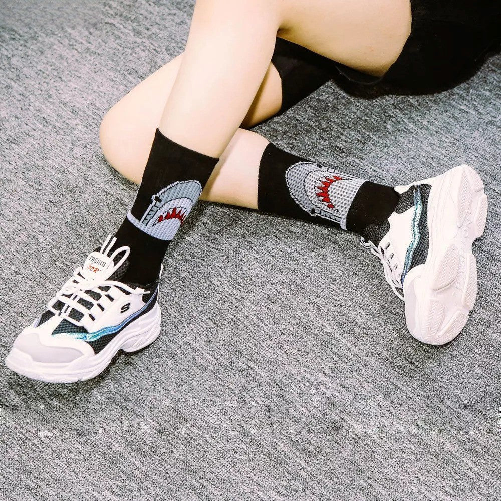 Anysox 5 Pairs Size 4-9 Black Sports Socks Long Casual Shark Print Hip-hop breathable Unisex Skateboard Knitted Casual Sports Fashion-Socks-PEROZ Accessories