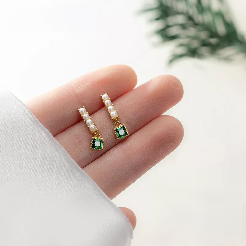 Anyco Fashion Earrings Gold 925 Sterling Simple Luxury Green Zircon Pearl Pendant Stud for Women Spanish Wedding Fine Jewelry-Earrings-PEROZ Accessories