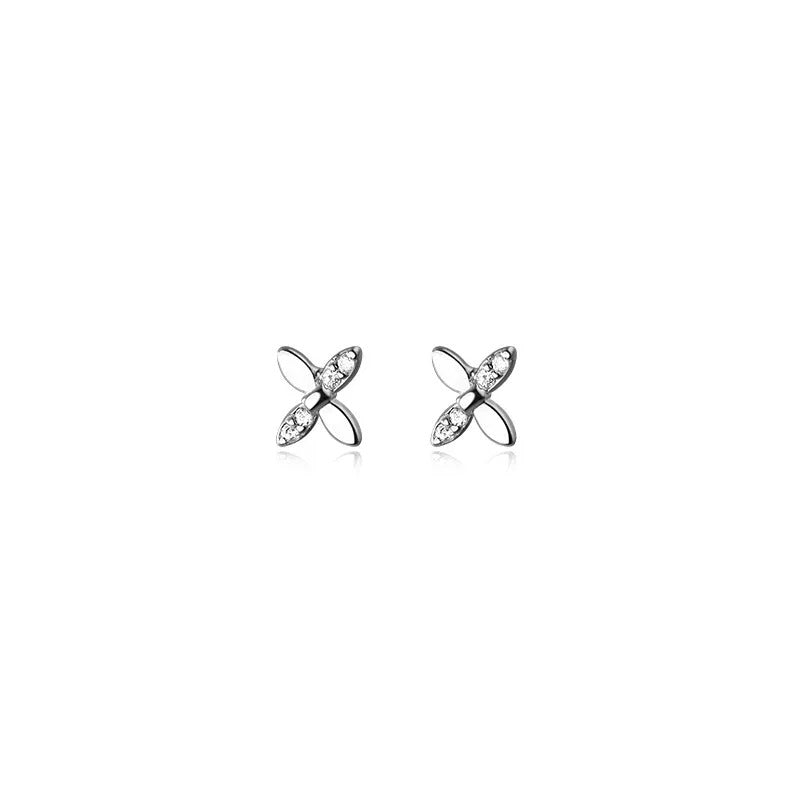 Anyco Fashion Earrings 925 Sterling Silver Simple CZ Zircon Classic Cross Four Petal Flower Stud for Women Teen Birthday Jewelry Gift-Earrings-PEROZ Accessories