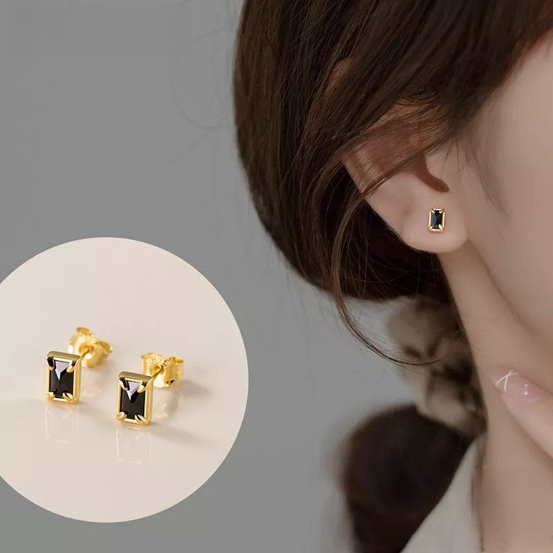 Anyco Fashion Earrings Gold 925 Sterling Silver Black Luxury Zircon Simple Square Small Stud for Women Jewelry-Earrings-PEROZ Accessories