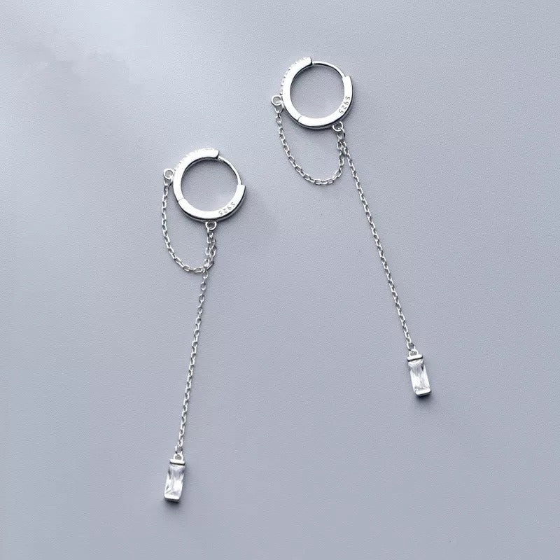 Anyco Fashion Earrings Silver 925 Sterling Tassel Chain Square Zircon Ear Buckle for Women Jewelry Accessories-Earrings-PEROZ Accessories