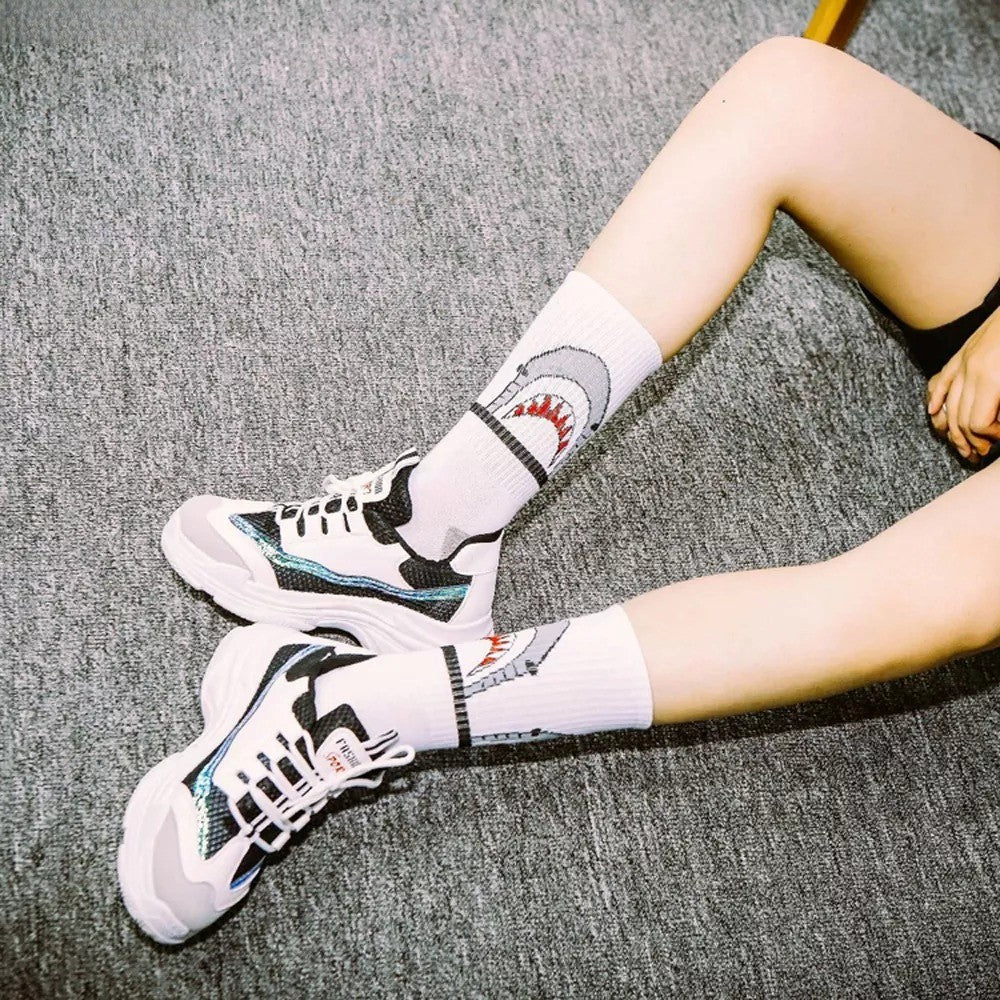 Anysox 5 Pairs Size 4-9 White Sports Socks Long Casual Shark Print Hip-hop breathable Unisex Skateboard Knitted Casual Sports Fashion-Socks-PEROZ Accessories