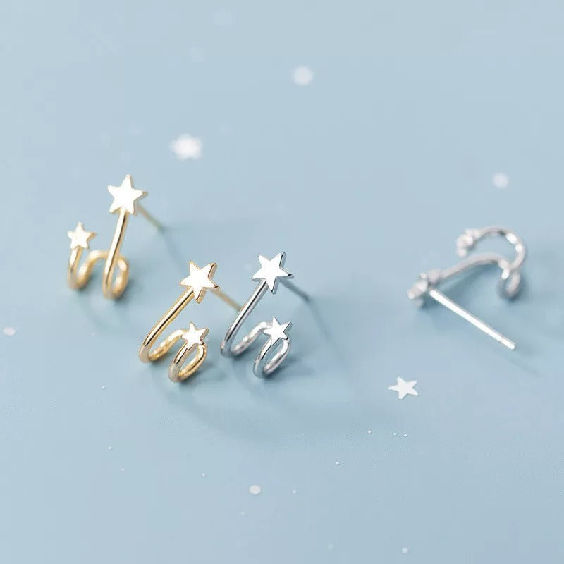 Anyco Fashion Earrings Real Gold Double Star Geometric Studs Teen Gift Fine Jewelry for Women-Earrings-PEROZ Accessories