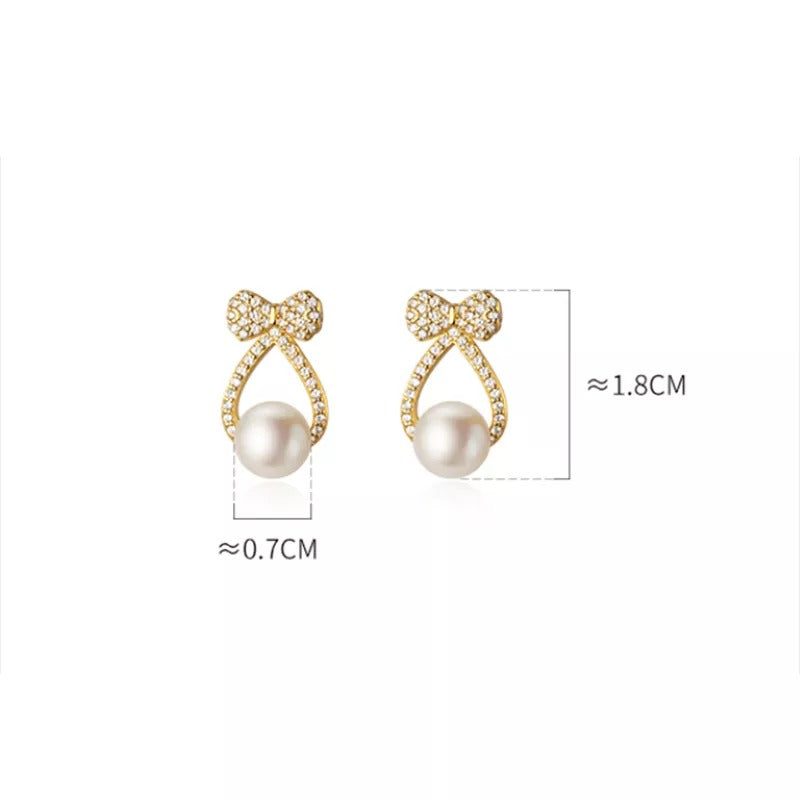 Anyco Fashion Earrings Silver 925 Sterling Shiny Zircon Bow Natural Pearl Hollow Stud for Women Jewelry-Earrings-PEROZ Accessories