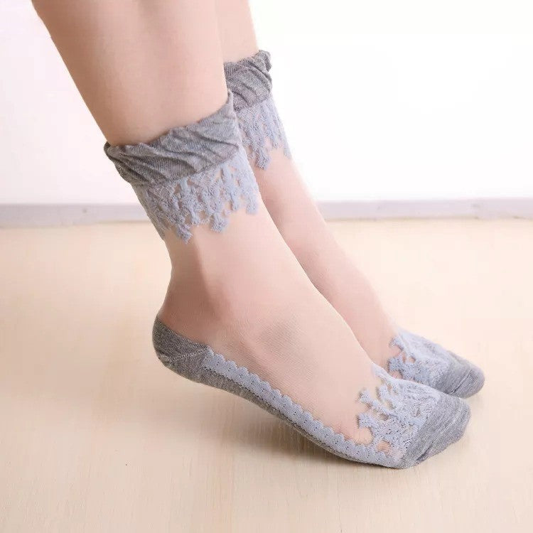 Anysox 5 Pairs Size 5-9 Fashion Socks Summer Lace Embroidery Breathable Silk Transparent Glass Crystal Stretch for Women Grey-Socks-PEROZ Accessories