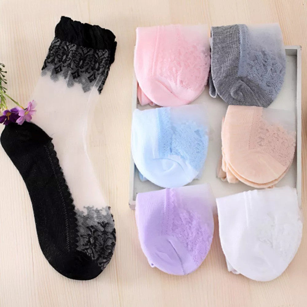 Anysox 5 Pairs Size 5-9 Fashion Socks Summer Lace Embroidery Breathable Silk Transparent Glass Crystal Stretch for Women Purple-Socks-PEROZ Accessories