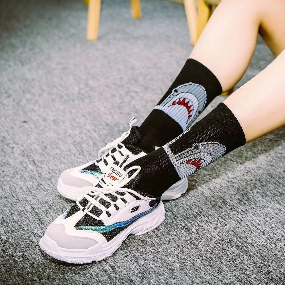 Anysox 5 Pairs Size 4-9 Black Sports Socks Long Casual Shark Print Hip-hop breathable Unisex Skateboard Knitted Casual Sports Fashion-Socks-PEROZ Accessories