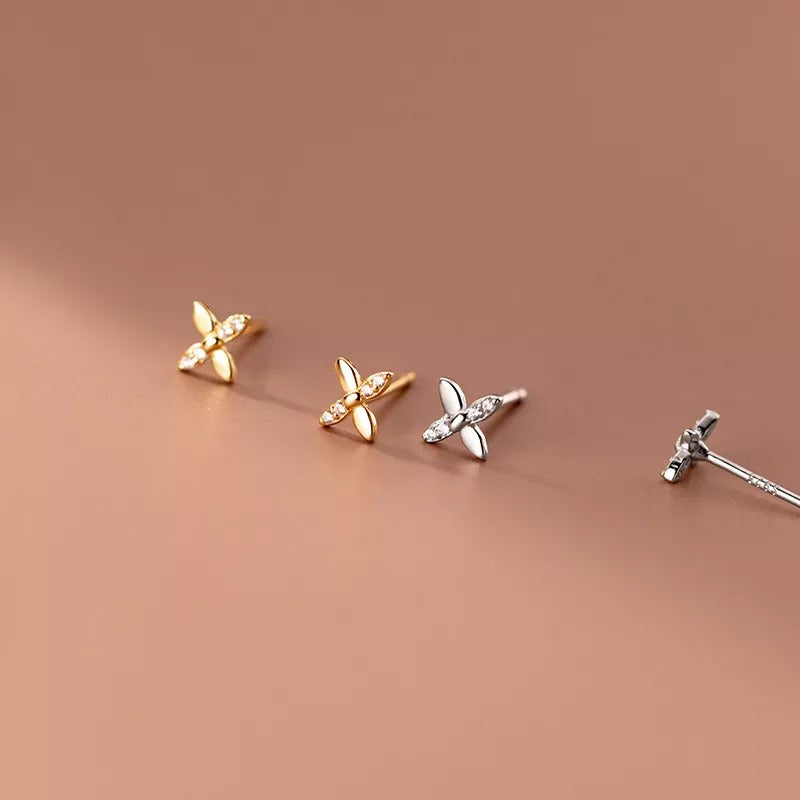 Anyco Fashion Earrings 925 Sterling Silver Simple CZ Zircon Classic Cross Four Petal Flower Stud for Women Teen Birthday Jewelry Gift-Earrings-PEROZ Accessories