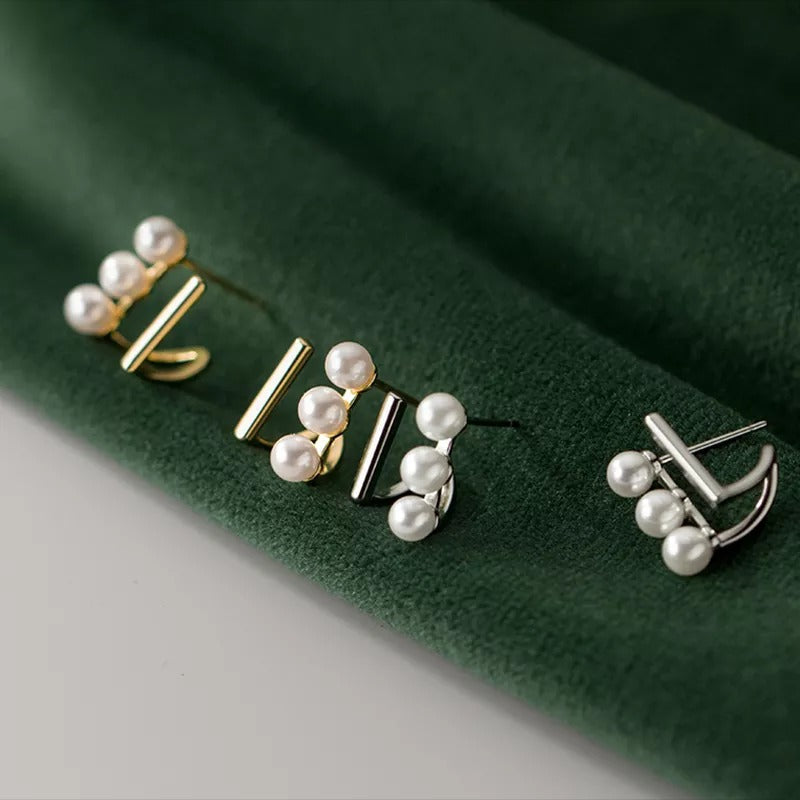 Anyco Fashion Earrings Gold 925 Sterling Silver Simple Double Statement Synthetic Pearl Stud for Women Jewelry-Earrings-PEROZ Accessories