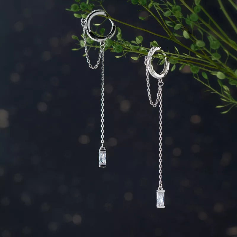 Anyco Fashion Earrings Silver 925 Sterling Tassel Chain Square Zircon Ear Buckle for Women Jewelry Accessories-Earrings-PEROZ Accessories