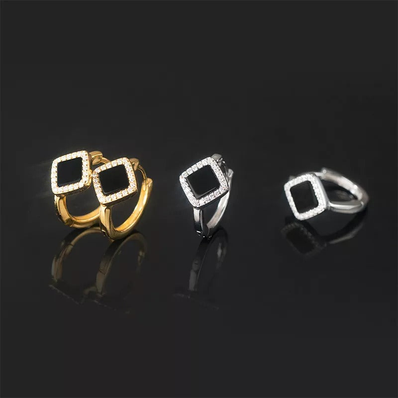 Anyco Fashion Earrings Gold 925 Sterling Silver Luxury Gothic Black Enamel Diamond Huggies Hoop Women Jewelry-Earrings-PEROZ Accessories