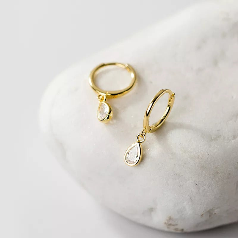 Anyco Fashion Earrings Gold 925 Sterling Silver Sweet Water Drop Zircon Huggies Pendant for Women Jewelry-Earrings-PEROZ Accessories
