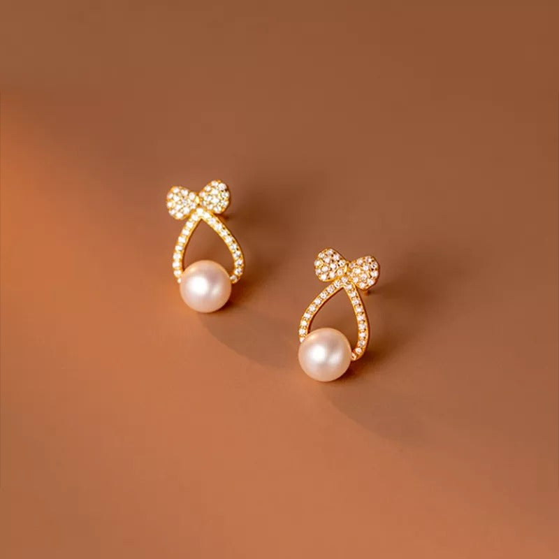 Anyco Fashion Earrings Silver 925 Sterling Shiny Zircon Bow Natural Pearl Hollow Stud for Women Jewelry-Earrings-PEROZ Accessories