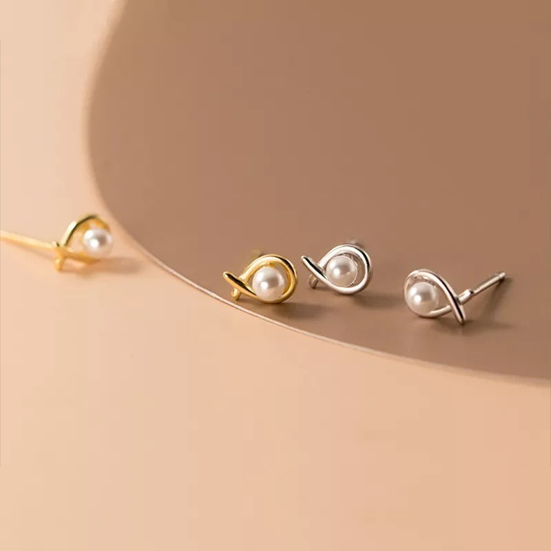 Anyco Fashion Earrings Silver 925 Sterling Simple Geometric Line Synthetic Pearl Small Stud for Women Piercing Jewelry-Earrings-PEROZ Accessories