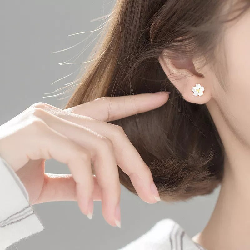 Anyco Fashion Earrings Real Sterling Silver Sweet Romantic White Flowers Mini Stud Jewelry for Women-Earrings-PEROZ Accessories