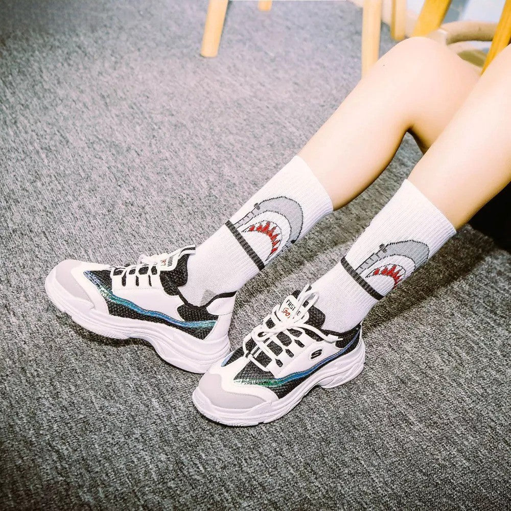 Anysox 5 Pairs Size 4-9 White Sports Socks Long Casual Shark Print Hip-hop breathable Unisex Skateboard Knitted Casual Sports Fashion-Socks-PEROZ Accessories