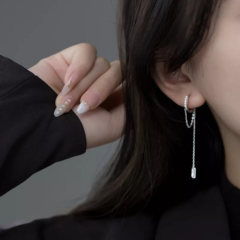 Anyco Fashion Earrings Silver 925 Sterling Tassel Chain Square Zircon Ear Buckle for Women Jewelry Accessories-Earrings-PEROZ Accessories