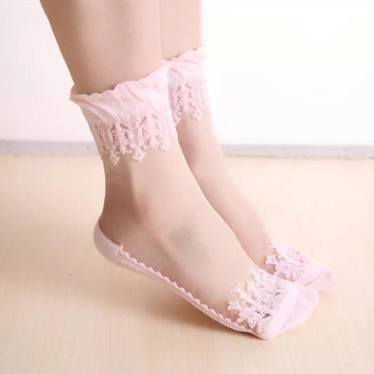 Anysox 5 Pairs Size 5-9 Fashion Socks Summer Lace Embroidery Breathable Silk Transparent Glass Crystal Stretch for Women Pink-Socks-PEROZ Accessories