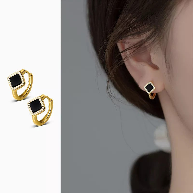 Anyco Fashion Earrings Gold 925 Sterling Silver Luxury Gothic Black Enamel Diamond Huggies Hoop Women Jewelry-Earrings-PEROZ Accessories