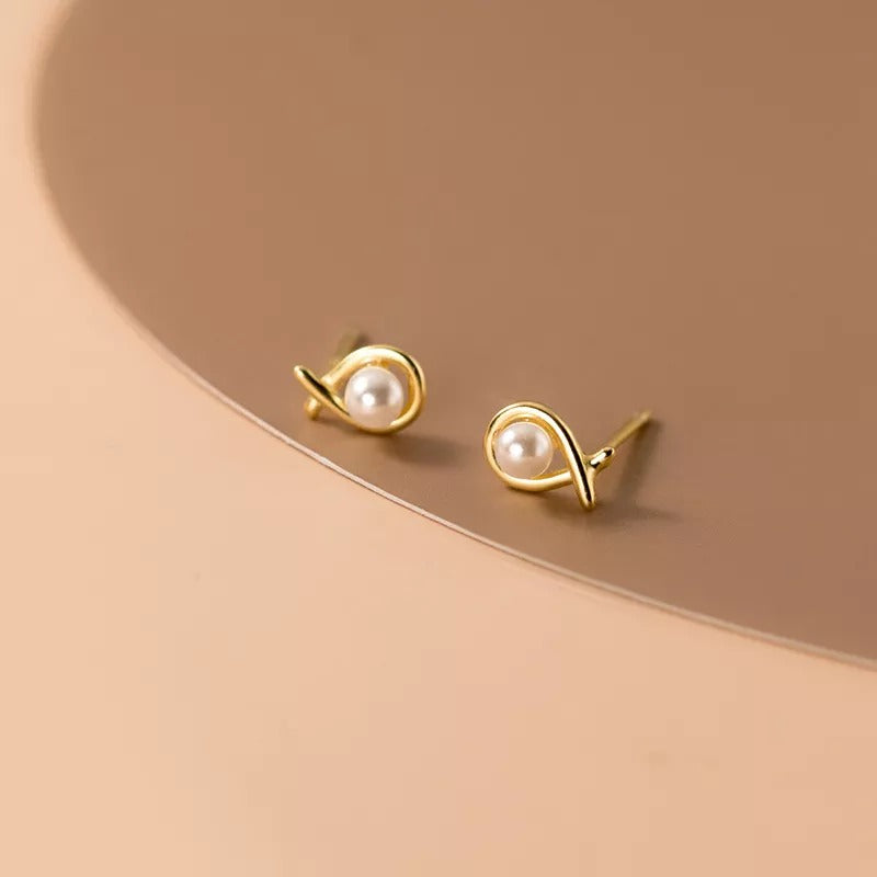 Anyco Fashion Earrings Gold 925 Sterling Silver Simple Geometric Line Synthetic Pearl Small Stud for Women Piercing Jewelry-Earrings-PEROZ Accessories