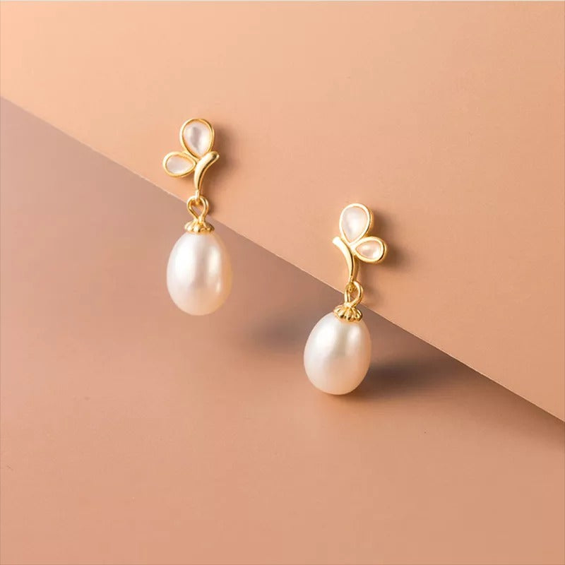 Anyco Fashion Earrings Gold 925 Sterling Silver Elegant Synthetic Pearl Butterfly Pendant Charm for Women Jewelry-Earrings-PEROZ Accessories
