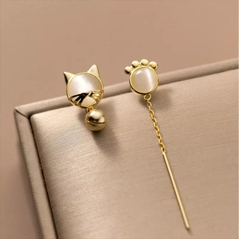 Anyco Fashion Earrings Gold 925 Sterling Silver Unique Cat Claw Chain Tassel Bell for Women Cute Cat Jewelry-Earrings-PEROZ Accessories