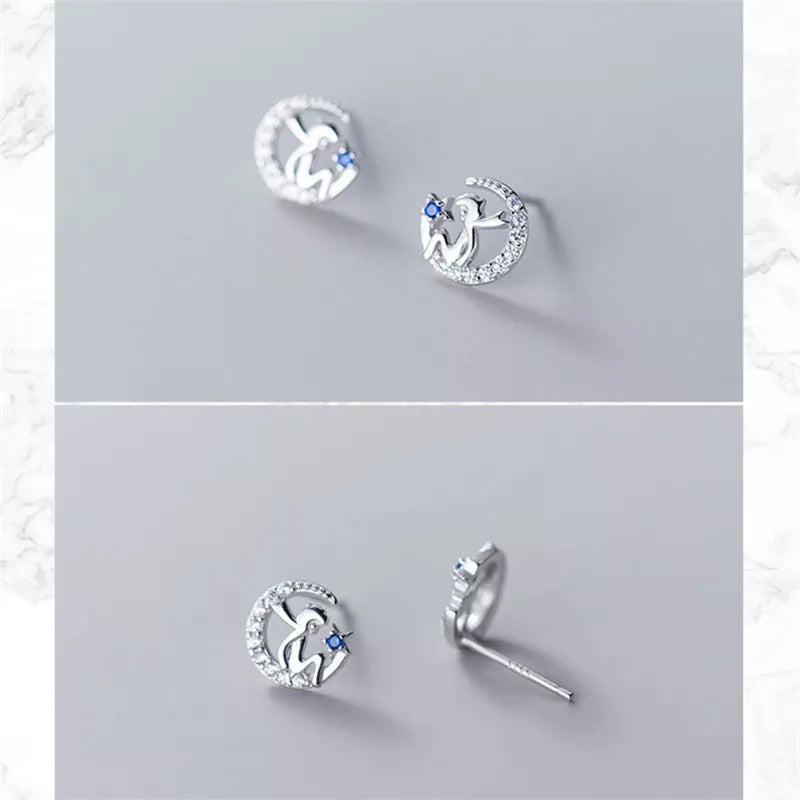 Anyco Fashion Earrings Genuine Sterling Silver Blue Zircon Petite Moon Little Prince Stud Earrings for Women Jewelry Gift-Earrings-PEROZ Accessories