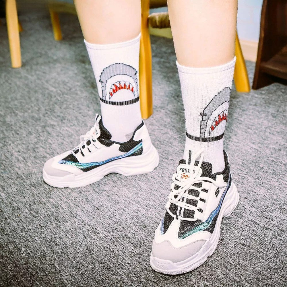 Anysox 5 Pairs Size 4-9 White Sports Socks Long Casual Shark Print Hip-hop breathable Unisex Skateboard Knitted Casual Sports Fashion-Socks-PEROZ Accessories