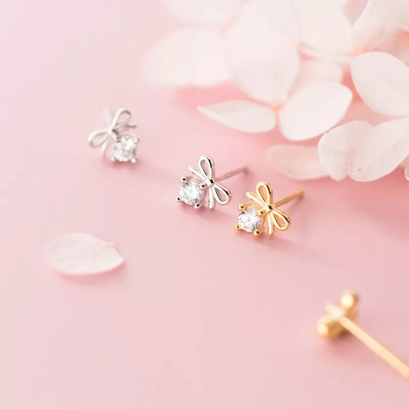 Anyco Fashion Earrings Gold 925 Sterling Silver Sweet Bowknot Crystal Zircon Small Stud for Women Ladies Jewelry-Earrings-PEROZ Accessories