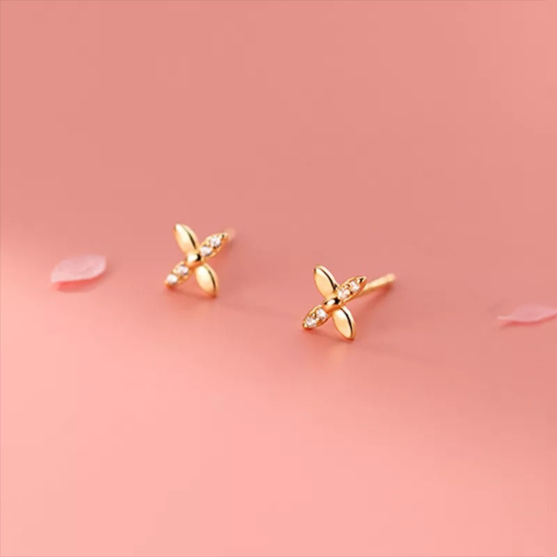 Anyco Fashion Earrings Gold 925 Sterling Simple CZ Zircon Classic Cross Four Petal Flower Stud for Women Teen Birthday Jewelry Gift-Earrings-PEROZ Accessories