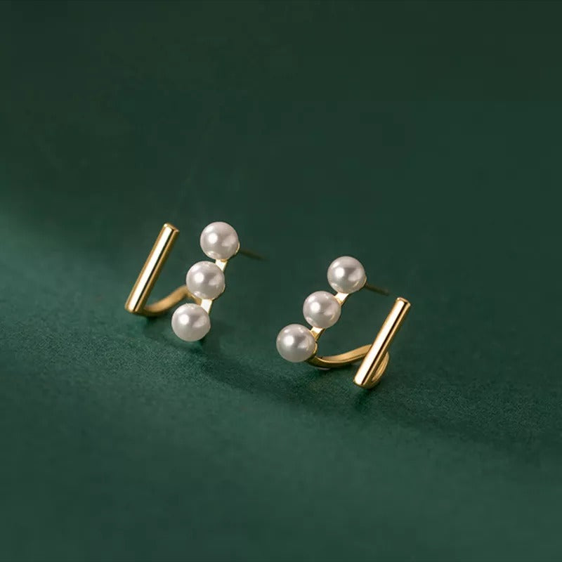 Anyco Fashion Earrings Gold 925 Sterling Silver Simple Double Statement Synthetic Pearl Stud for Women Jewelry-Earrings-PEROZ Accessories