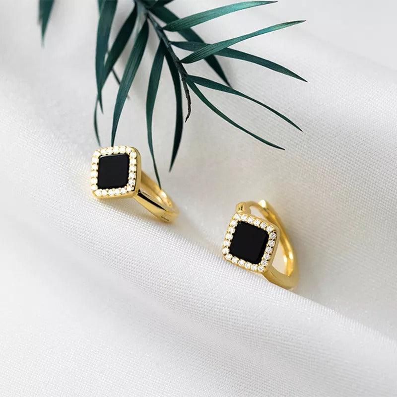 Anyco Fashion Earrings Gold 925 Sterling Silver Luxury Gothic Black Enamel Diamond Huggies Hoop Women Jewelry-Earrings-PEROZ Accessories