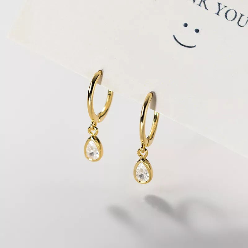 Anyco Fashion Earrings Gold 925 Sterling Silver Sweet Water Drop Zircon Huggies Pendant for Women Jewelry-Earrings-PEROZ Accessories