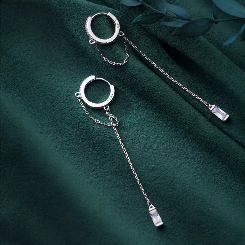 Anyco Fashion Earrings Silver 925 Sterling Tassel Chain Square Zircon Ear Buckle for Women Jewelry Accessories-Earrings-PEROZ Accessories