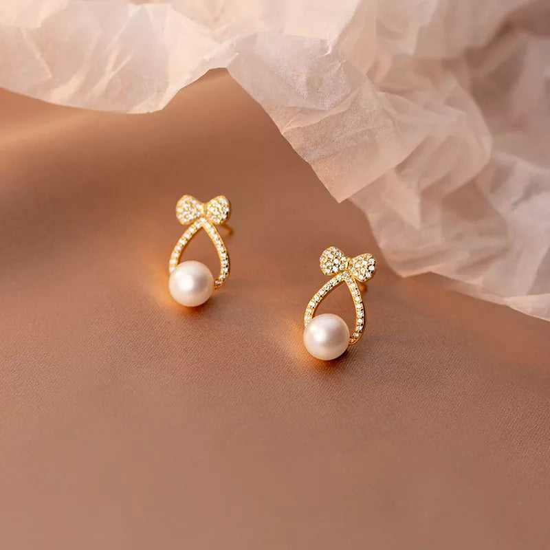 Anyco Fashion Earrings Gold 925 Sterling Silver Shiny Zircon Bow Natural Pearl Hollow Stud for Women Jewelry-Earrings-PEROZ Accessories