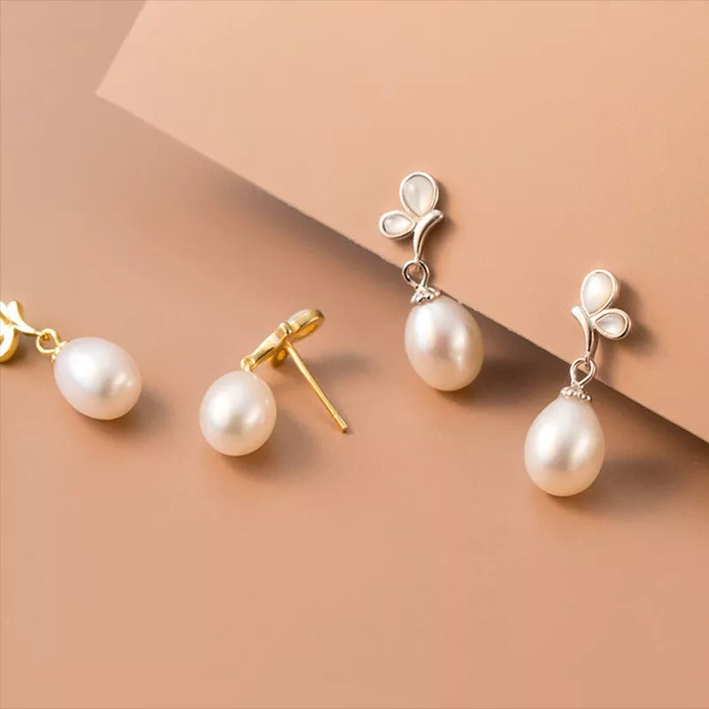 Anyco Fashion Earrings Gold 925 Sterling Silver Elegant Synthetic Pearl Butterfly Pendant Charm for Women Jewelry-Earrings-PEROZ Accessories